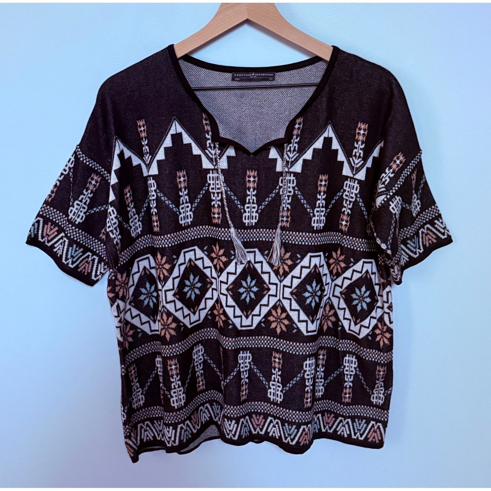 Peruvian Connection Pima Cotton Short Sleeve Geometric Tassel Knit Top M/L Black